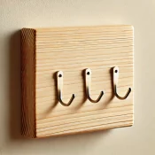 DALL·E 2025-01-25 00.43.29 - A very simple wooden wall-mounted key holder made from natural wood. It features a small rectangular wooden plank with only three evenly spaced, basic